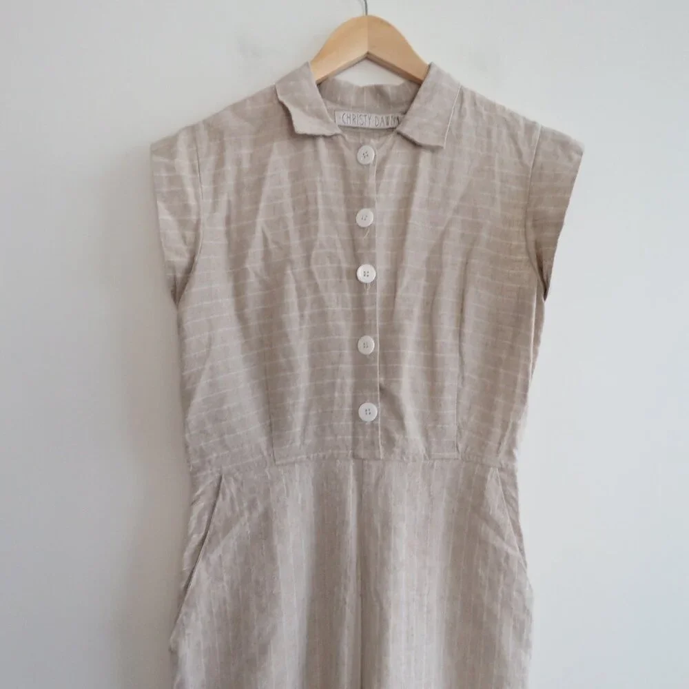 CHRISTY DAWN Phoebe Jumpsuit 100% Linen in Striped Tan Neutral - Size M - Picture 3 of 15